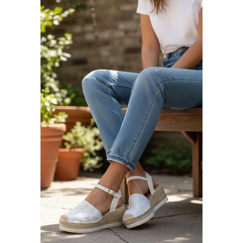 White Espadrille Wedge Sandal with Ankle Strap for Women